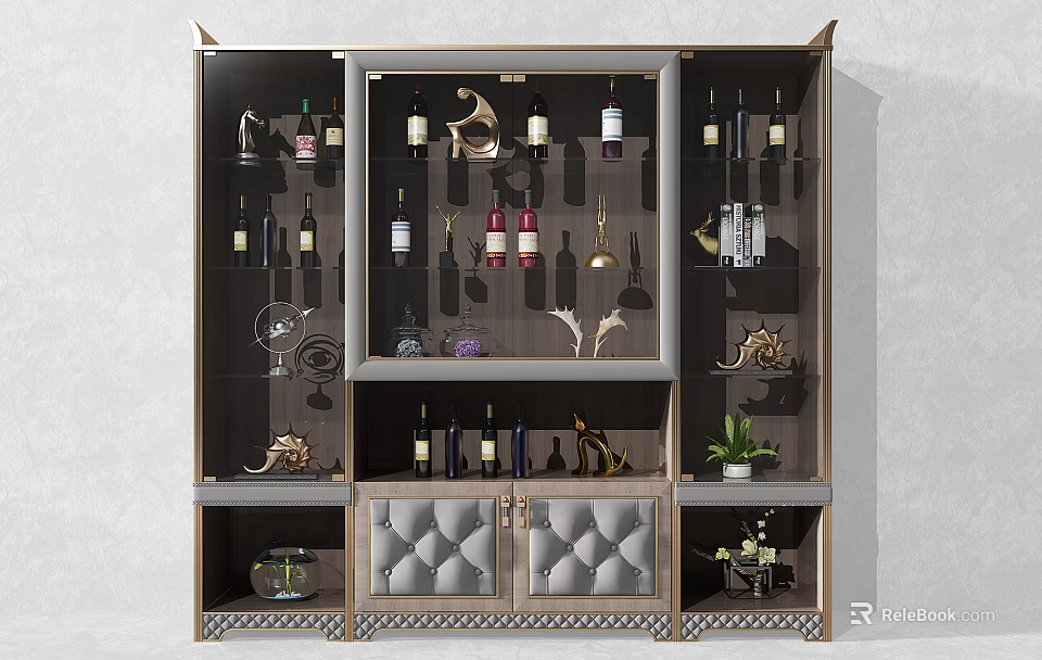 Luxurious Wine Cabinet With Glass Doors Metal Accents Decorative Bottles And Wine Glasses 3d model 