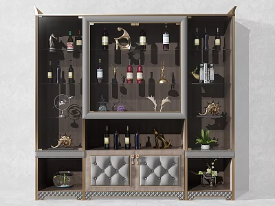 Luxurious Wine Cabinet With Glass Doors Metal Accents Decorative Bottles And Wine Glasses 3d model