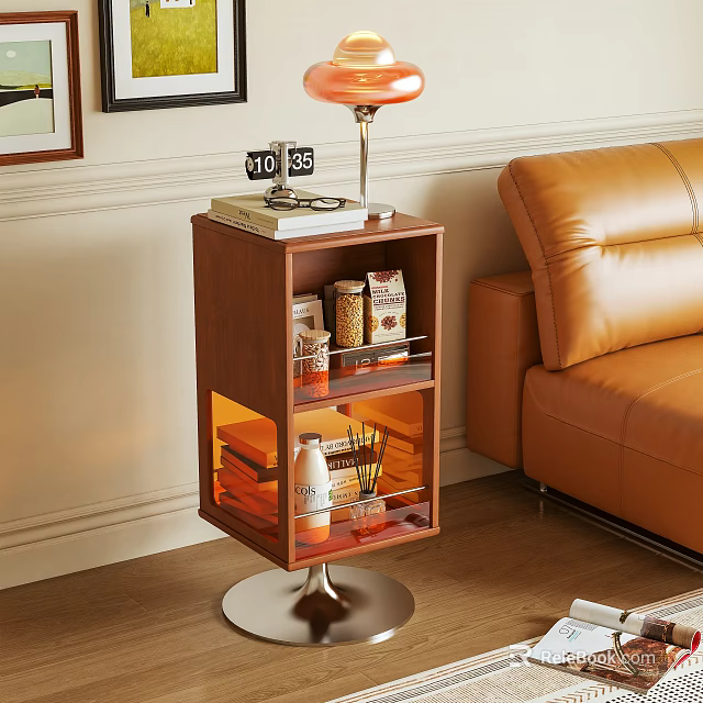 Wooden Side Table With Storage Shelves Table Lamp And Jars By Orange Leather Sofa 3d model 