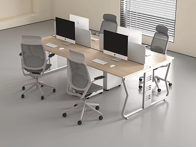 Modern Office Desk With Wooden Top Computer Monitors And Ergonomic Chairs 3d model