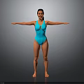 Woman In Blue One Piece Swimsuit Standing With Arms Outstretched On Gray Background