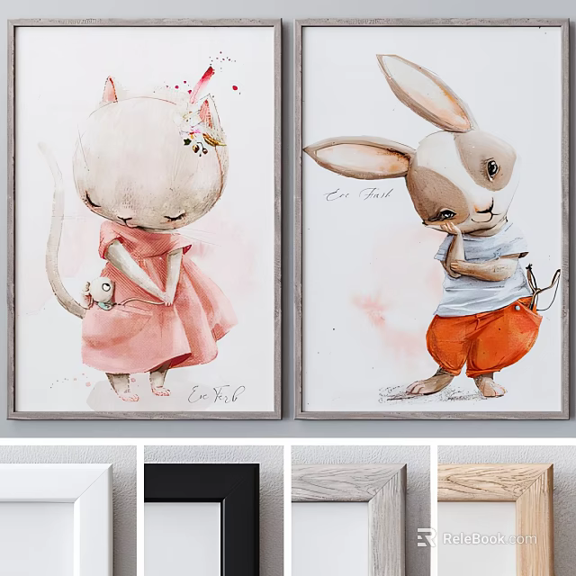 Cute Cat And Rabbit Animal Paintings With Frames 3d model