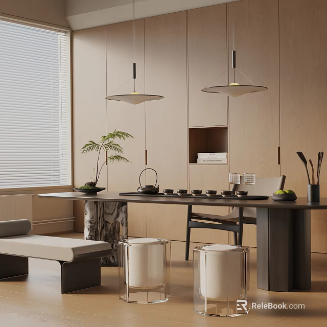 Modern Minimalist Dining Table Set With Stools Ceiling Lights Plant And Light Cabinets 3d model