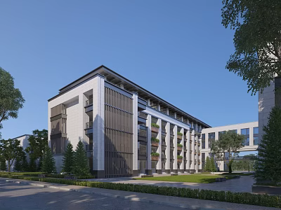Modern School Building With Stone And Glass Facade Surrounded By Green Trees And Lawn 3d model