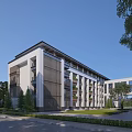 Modern School Building With Stone And Glass Facade Surrounded By Green Trees And Lawn