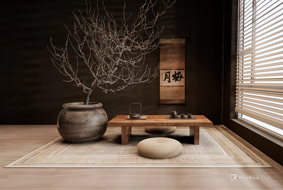 Zen Tea Table with Earthenware Pot Bare Branch Scroll Painting and Wooden Floor 3d model 