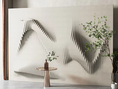 Wavy 3D Wall Sculpture Decor In Modern Interior With Small Table And Plants 3d model