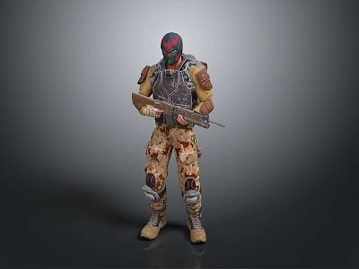 Combat Character In Armored Suit With Biological Pattern Holding Rifle And Helmet 3d model