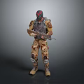 Combat Character In Armored Suit With Biological Pattern Holding Rifle And Helmet 3d model