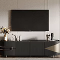 Modern Wooden TV Stand with Wall Mounted TV and Decorative Ornaments