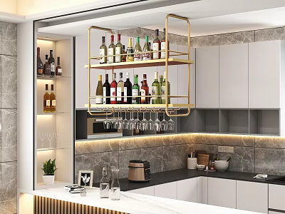 Elegant Wine Cabinet With Open Shelves Holding Wine Bottles And Hanging Glasses In Modern Kitchen 3d model