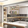 Elegant Wine Cabinet With Open Shelves Holding Wine Bottles And Hanging Glasses In Modern Kitchen
