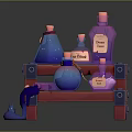 Colorful Magic Potion Bottles On Red Shelf With Labels And Small Figure