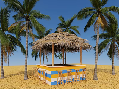 Tropical Beach Bar With Thatched Roof Yellow Blue Stripes And Palm Trees 3d model