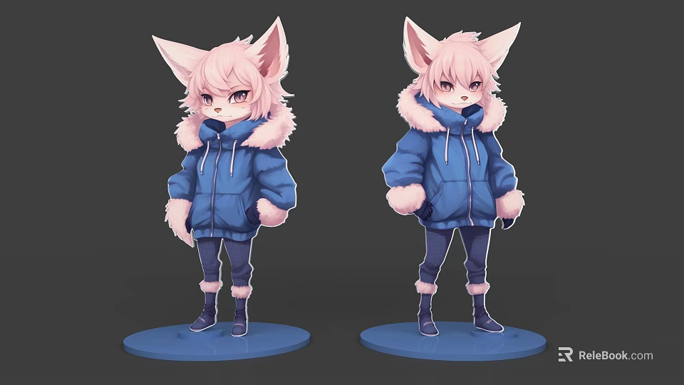 Game Movie Character With Pink Hair Fox Ears And Blue Hoodie Fur Collar Design 3d model 
