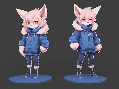 Game Movie Character With Pink Hair Fox Ears And Blue Hoodie Fur Collar Design 3d model