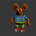 Cartoon Mouse Character with Spiral Ears Red Eyes Blue T Shirt Green Overalls Red Shoes