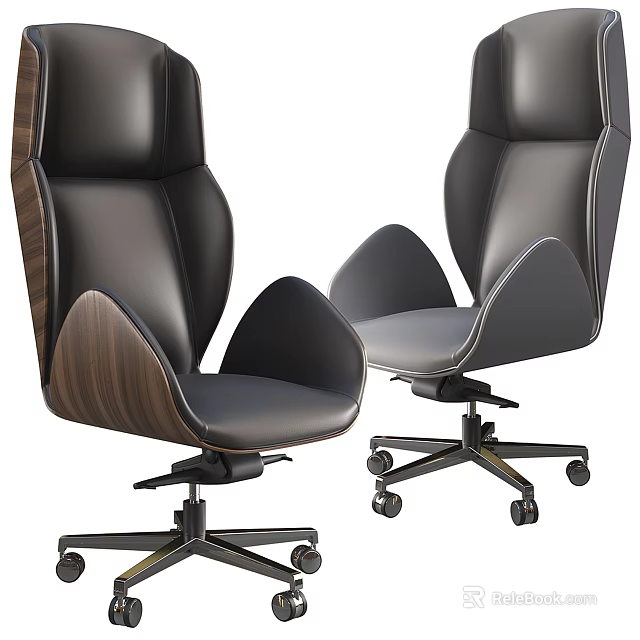 Modern Office Chair With Leather Upholstery Wood Accents And Swivel Wheels Design 3d model 