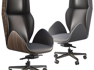 Modern Office Chair With Leather Upholstery Wood Accents And Swivel Wheels Design 3d model