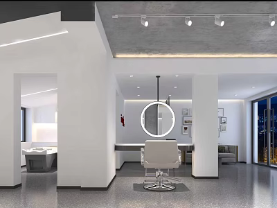 Modern Hair Salon Interior Design With White Chair Round Mirror And Ceiling Lights 3d model