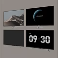 Four Wall Mounted Televisions Displaying Desert Planet Scenery Digital Clock And Brand Interface 3d model