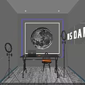 Modern Studio With Blue Neon Moon Design BIG BANG C Sign Ring Lights And Laptop