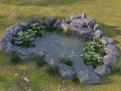 Natural Garden Pond Feature With Stone Edging Water Lilies Koi Fish And Small Waterfall 3d model