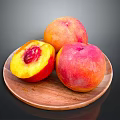 Fresh Peaches on a Wooden Plate One Halved with Juicy Red Flesh and Pit