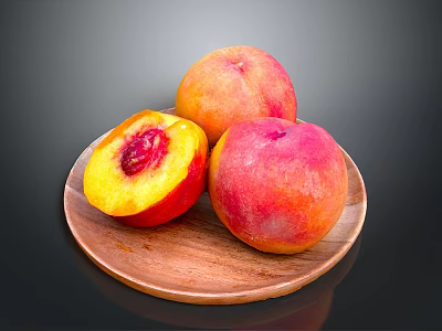 Fresh Peaches on a Wooden Plate One Halved with Juicy Red Flesh and Pit 3d model