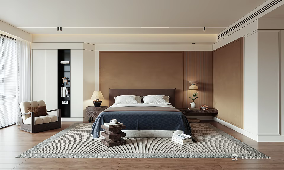 Modern Bedroom Interior With Blue Bedspread Table Lamps Wooden Floor And Area Rug 3d model 