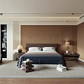 Modern Bedroom Interior With Blue Bedspread Table Lamps Wooden Floor And Area Rug