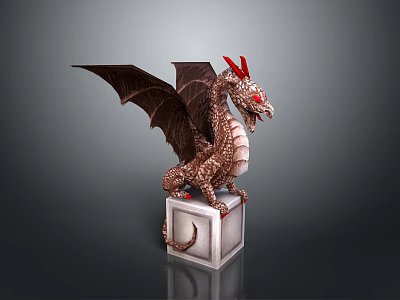 Winged Dragon Game Movie Character With Red Horns Red Eyes Brown Scales On White Cube 3d model