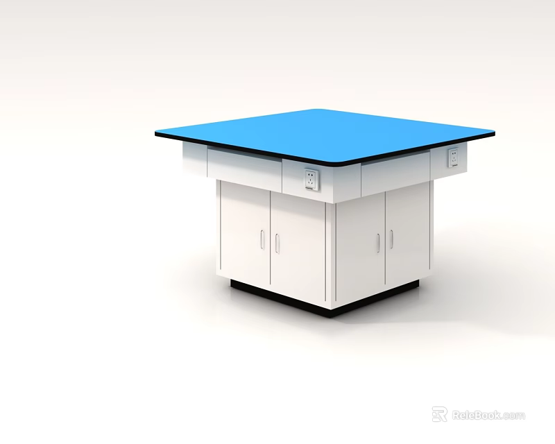 Modern Functional Desk With Square Blue Top And White Storage Cabinets 3d model