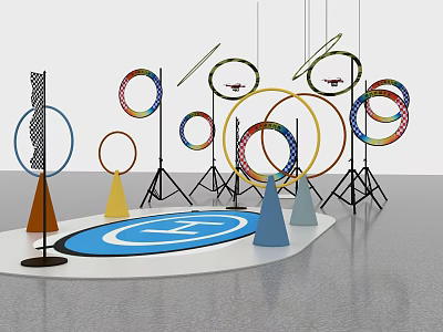 Public Facility Featuring Colorful Rings Conical Structures And Blue Circular Area With White Symbol 3d model