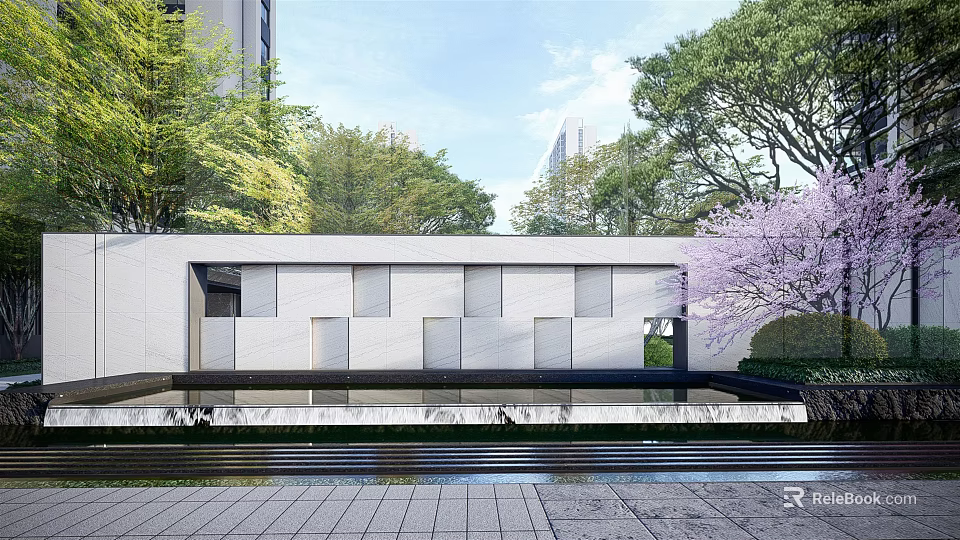 Modern Landscape Wall Design With White Stone Panels Reflecting Pool Green Trees And Cherry Blossom 3d model 