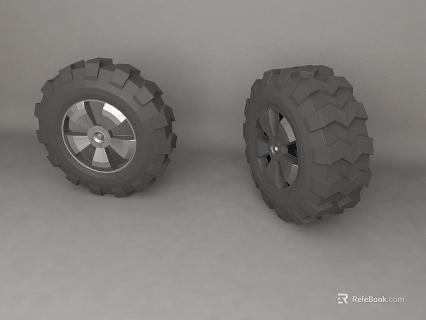 Off Road Tires With Silver Metallic Rims And Aggressive Tread Pattern 3d model 