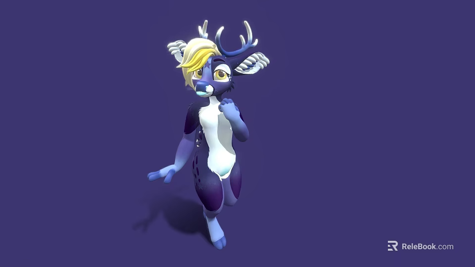 Fantasy 3D Game Movie Character with Golden Hair and Antlers in Purple White Outfit 3d model 