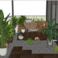 Home Balcony Design Featuring Glass Roof Lush Green Plants Rattan Chair And Pebble Floor
