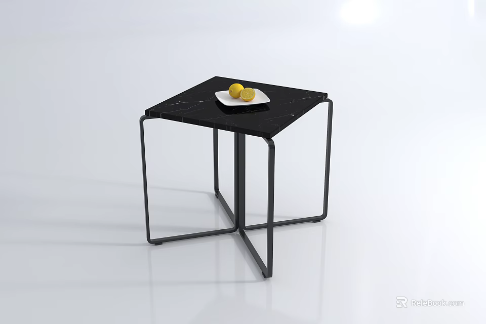 Modern Coffee Table With Marble Top Black Metal Frame White Plate And Yellow Lemons 3d model 