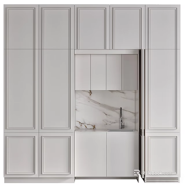 Elegant Shaker Style White Kitchen With Built In Storage Cabinets And Marble Backsplash Design 3d model 