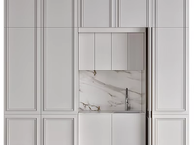 Elegant Shaker Style White Kitchen With Built In Storage Cabinets And Marble Backsplash Design 3d model