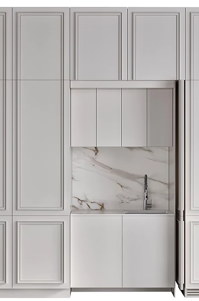 Elegant Shaker Style White Kitchen With Built In Storage Cabinets And Marble Backsplash Design 3d model