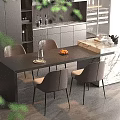 Modern Dining Table Set with Black Tabletop Gray Chairs Marble Countertop and Plants in Kitchen