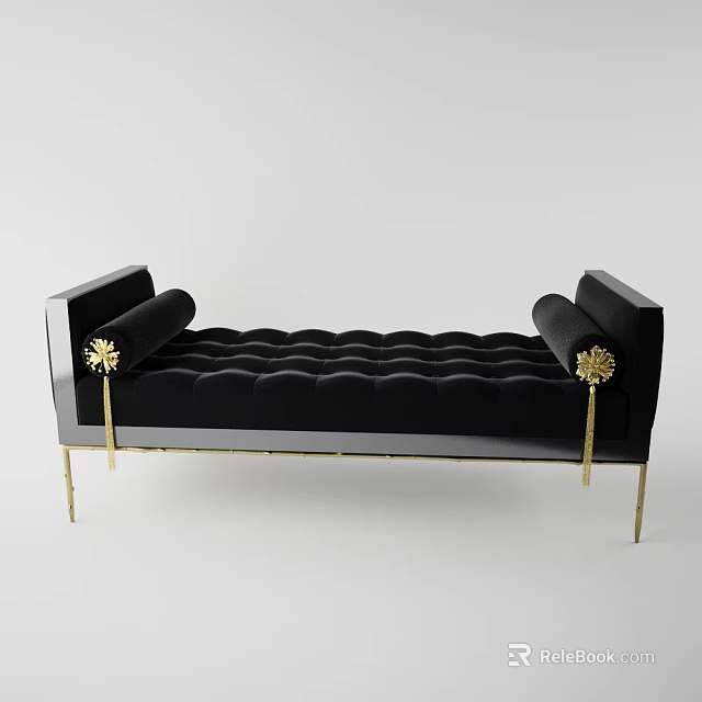 Modern Black Button Tufted Ottoman With Gold Accents And Elegant Gold Legs 3d model 