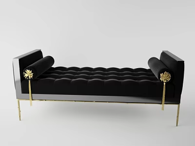 Modern Black Button Tufted Ottoman With Gold Accents And Elegant Gold Legs 3d model