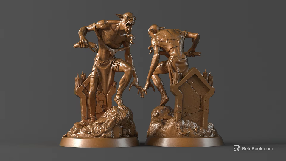 Bronze Fantasy Character Sculptures With Detailed Carving Weapon And Tombstone Base 3d model 