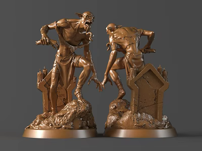 Bronze Fantasy Character Sculptures With Detailed Carving Weapon And Tombstone Base 3d model
