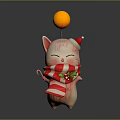 Cartoon Pig In Santa Hat With Red White Striped Scarf Holly Branch And Orange Ball
