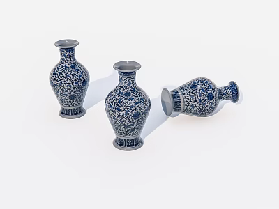 Traditional Blue and White Ceramic Vases with Intricate Patterns in Various Positions 3d model