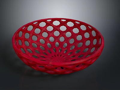 Red Intricate Hollowed Bowl Sculpture With Circular Perforations And Artistic Design 3d model